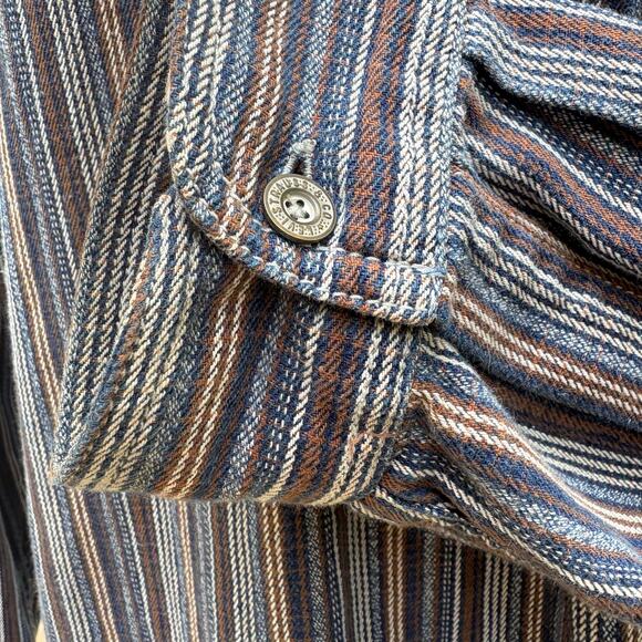 Levis Sample Garment Shirt Lg Blue Brown Striped Half Button Up Workwear Utility - Picture 9 of 10